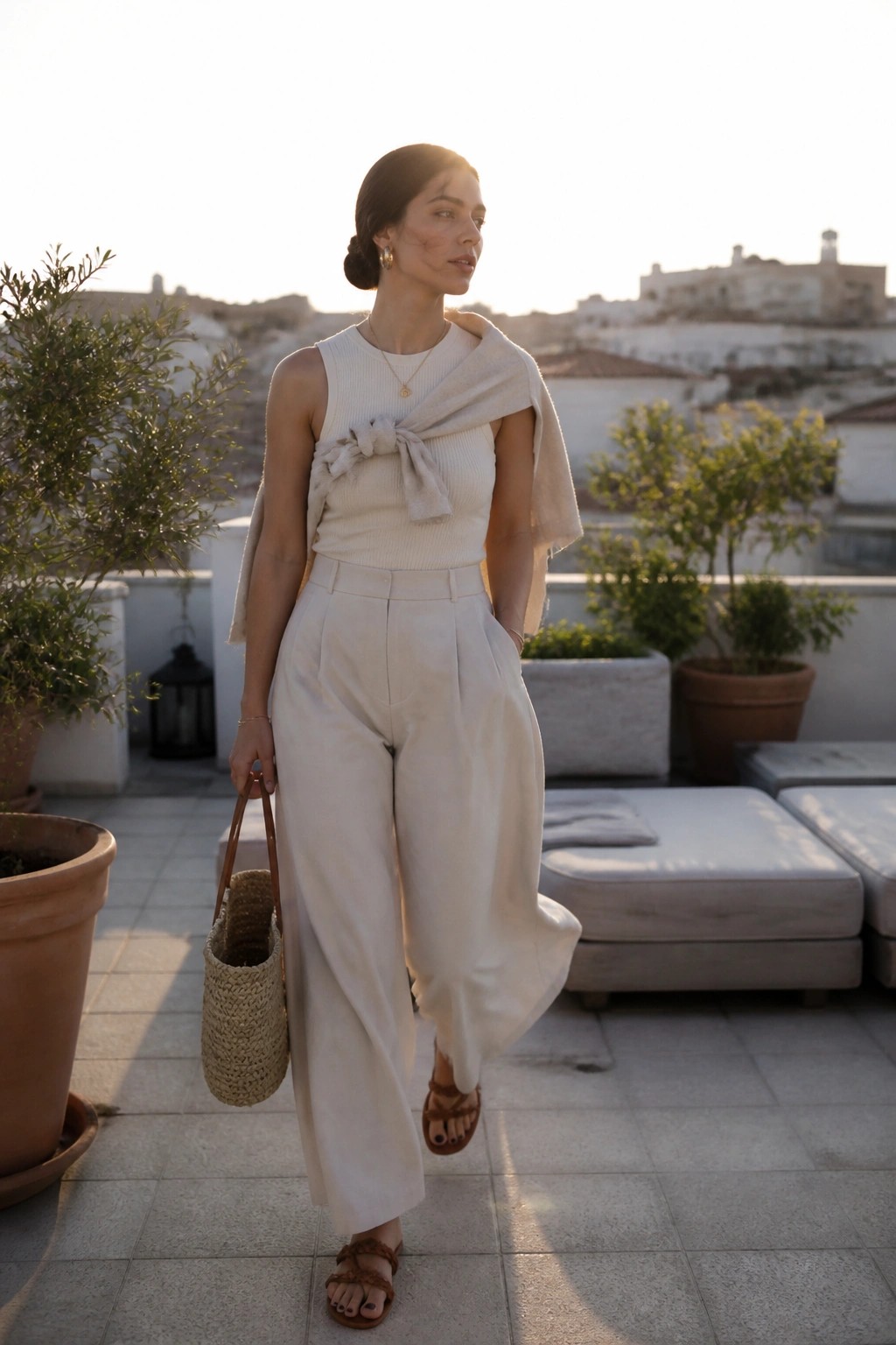 Woman in cream outfit carrying woven bag on sunny rooftop terrace