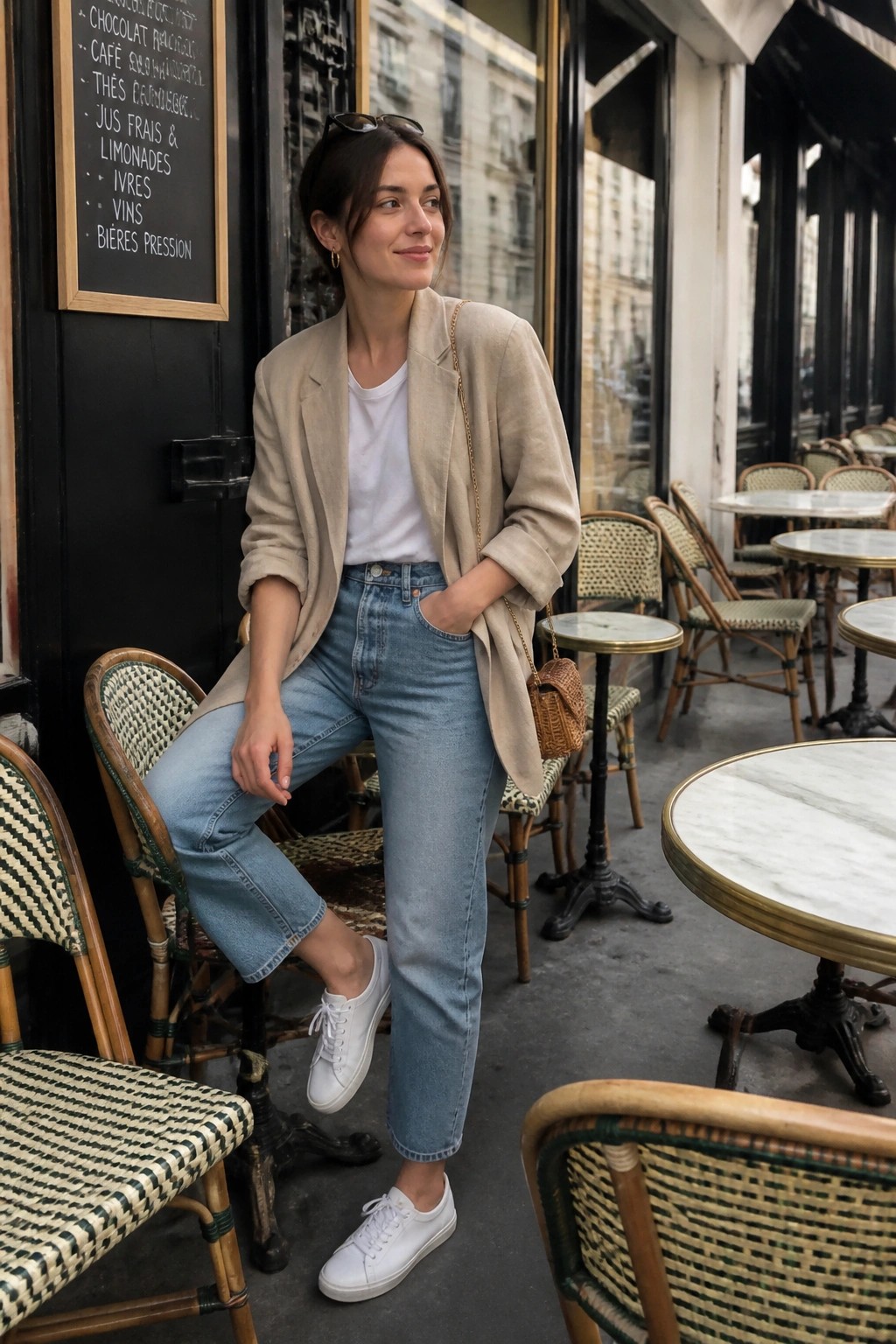 Woman in beige blazer over white t-shirt with blue jeans and white sneakers standing at outdoor cafe table with woven chain strap bag visible.