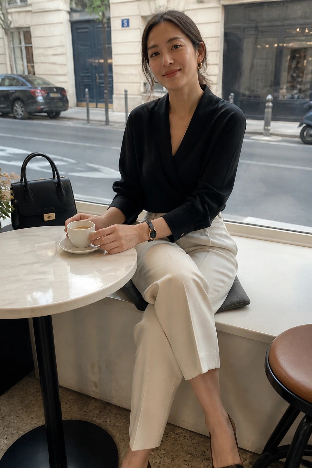 Woman seated at a cafe table wearing a black long sleeve wrap blouse tucked into cream wide leg cropped trousers with brown pointed shoes a black handbag and minimal jewelry.