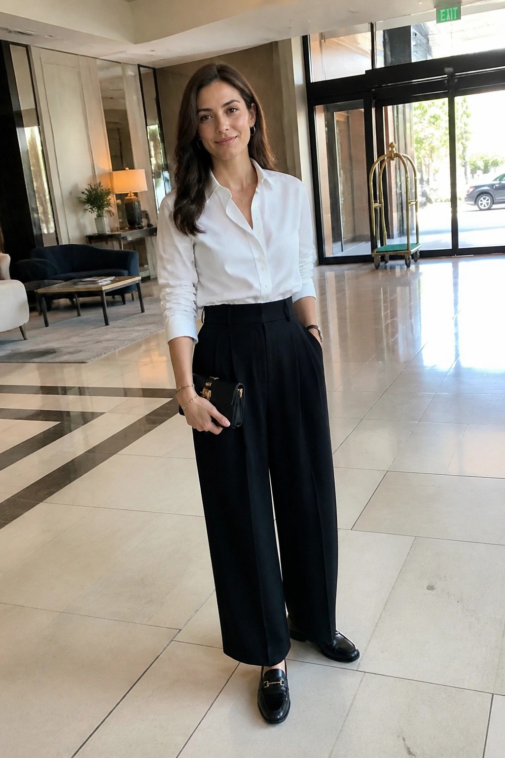 Woman in white shirt and black wide-leg pants holding clutch in modern lobby