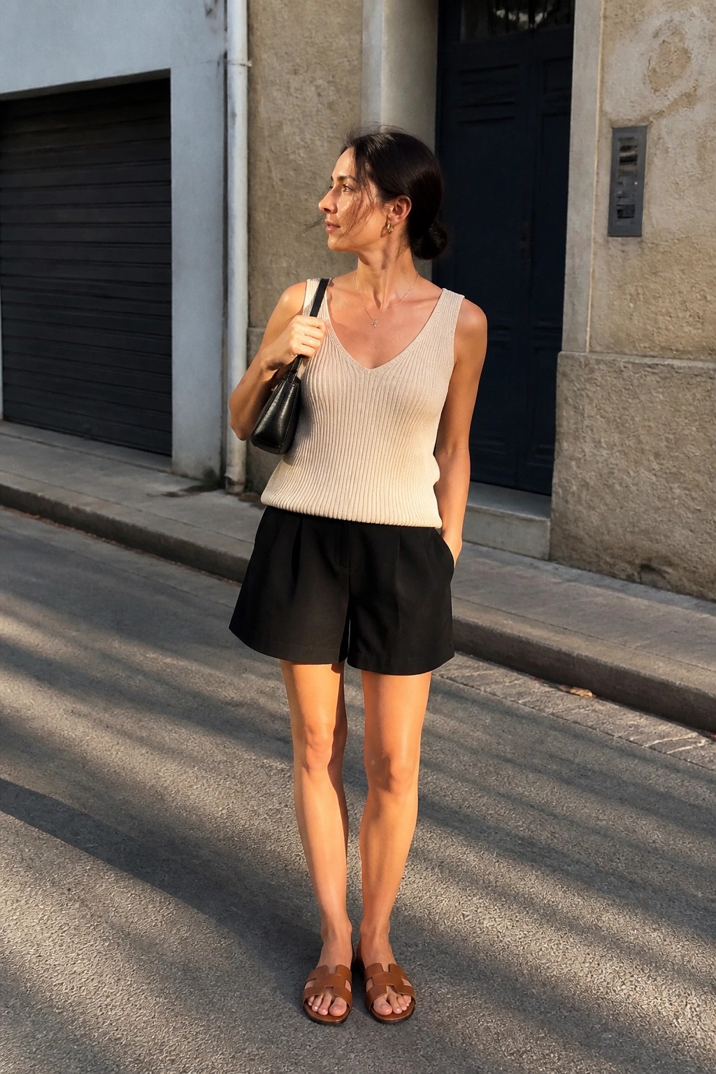 Woman wearing a beige ribbed knit V-neck tank top tucked into black tailored shorts with brown slide sandals and a small black handbag over one shoulder.