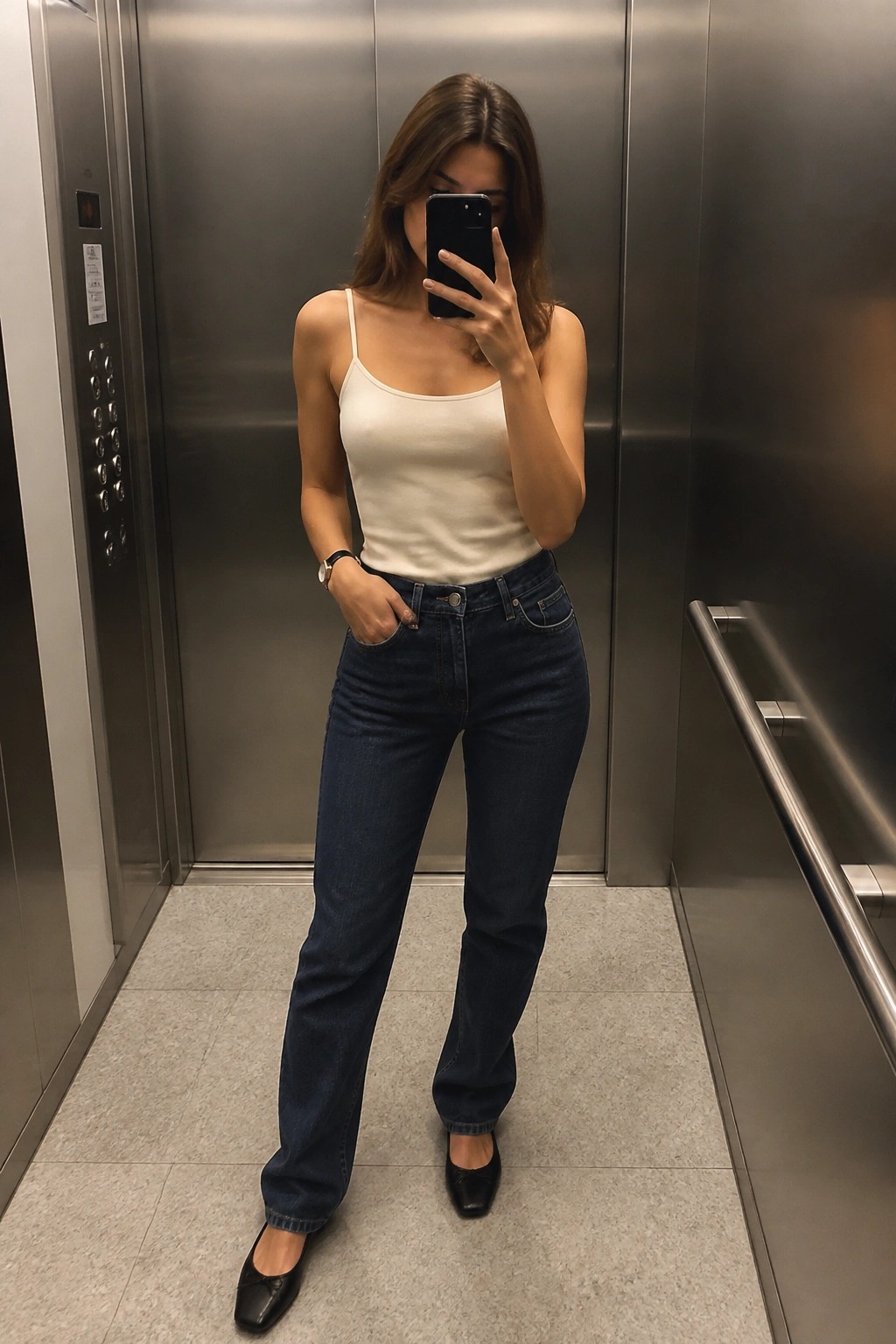 Woman in white camisole and blue jeans taking mirror selfie in elevator