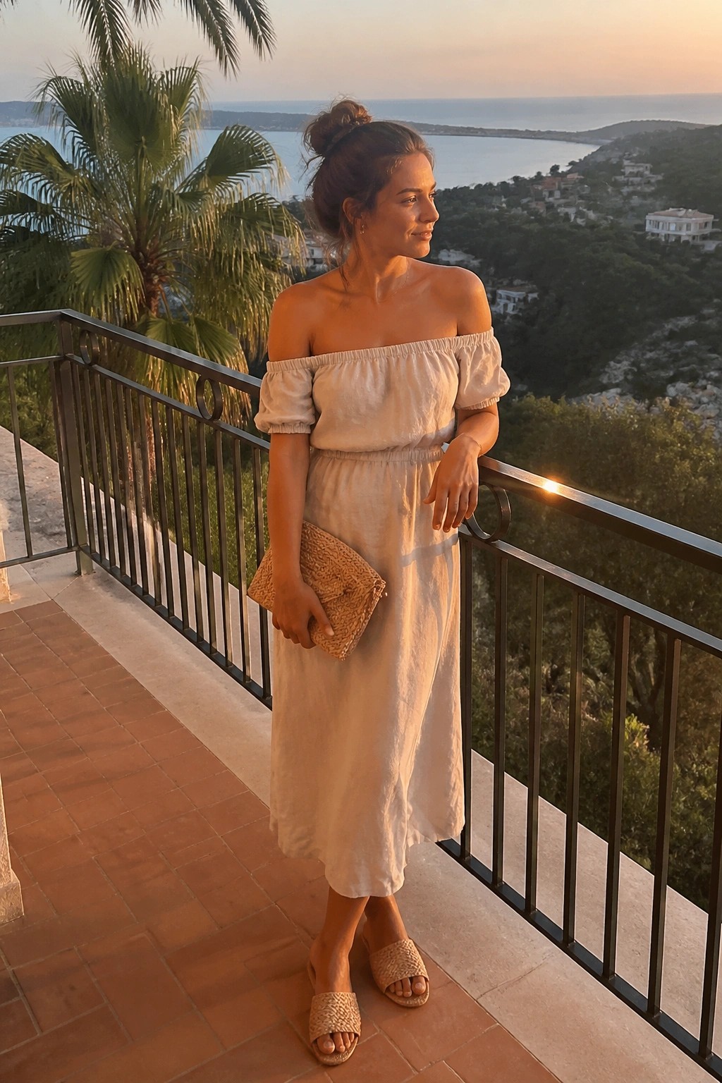 Woman standing on a balcony wearing an off-shoulder cream linen midi dress with elastic neckline and waist, holding a woven clutch, and wearing matching woven slide sandals.