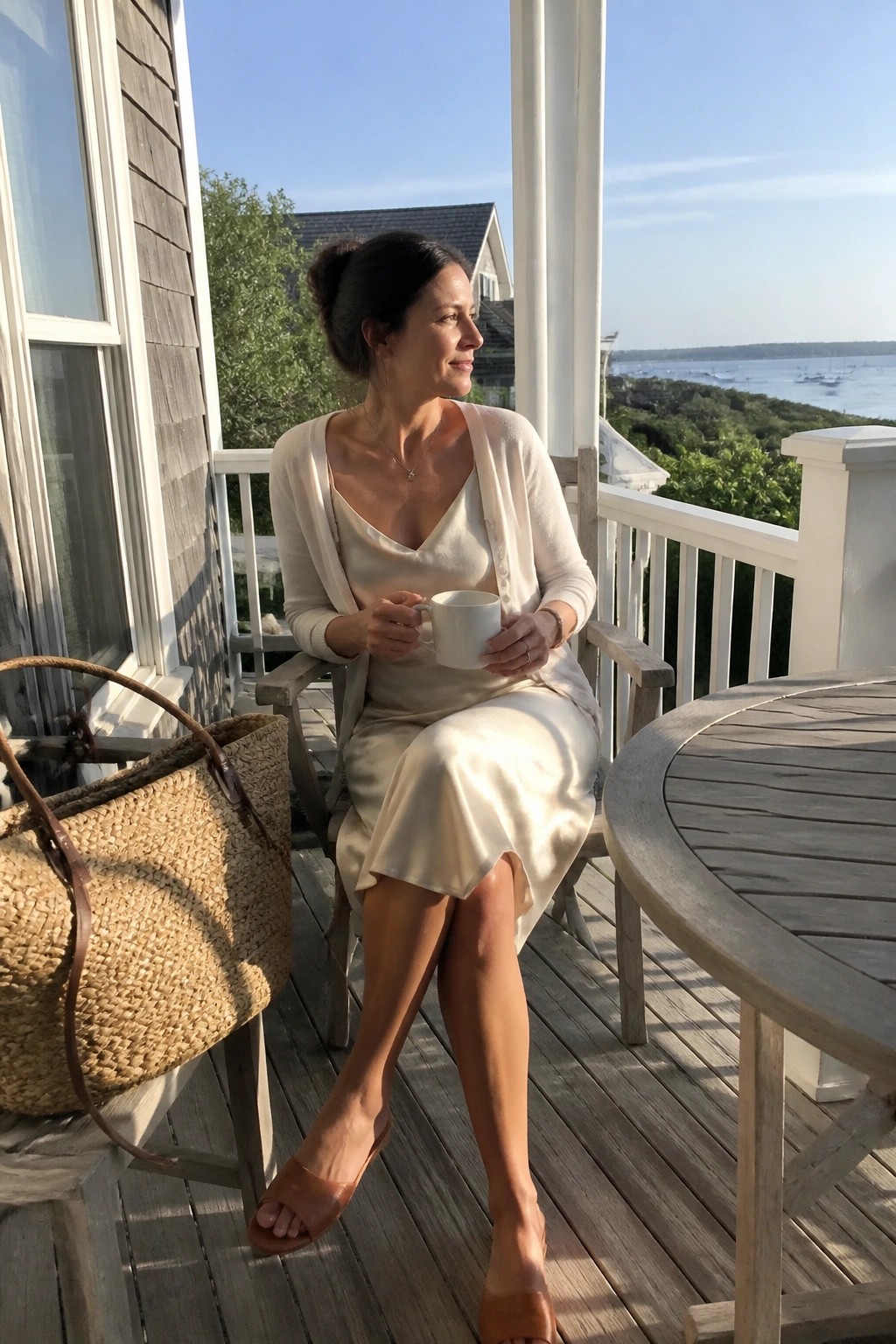 Woman in cream slip dress and cardigan sits on porch holding mug near straw bag