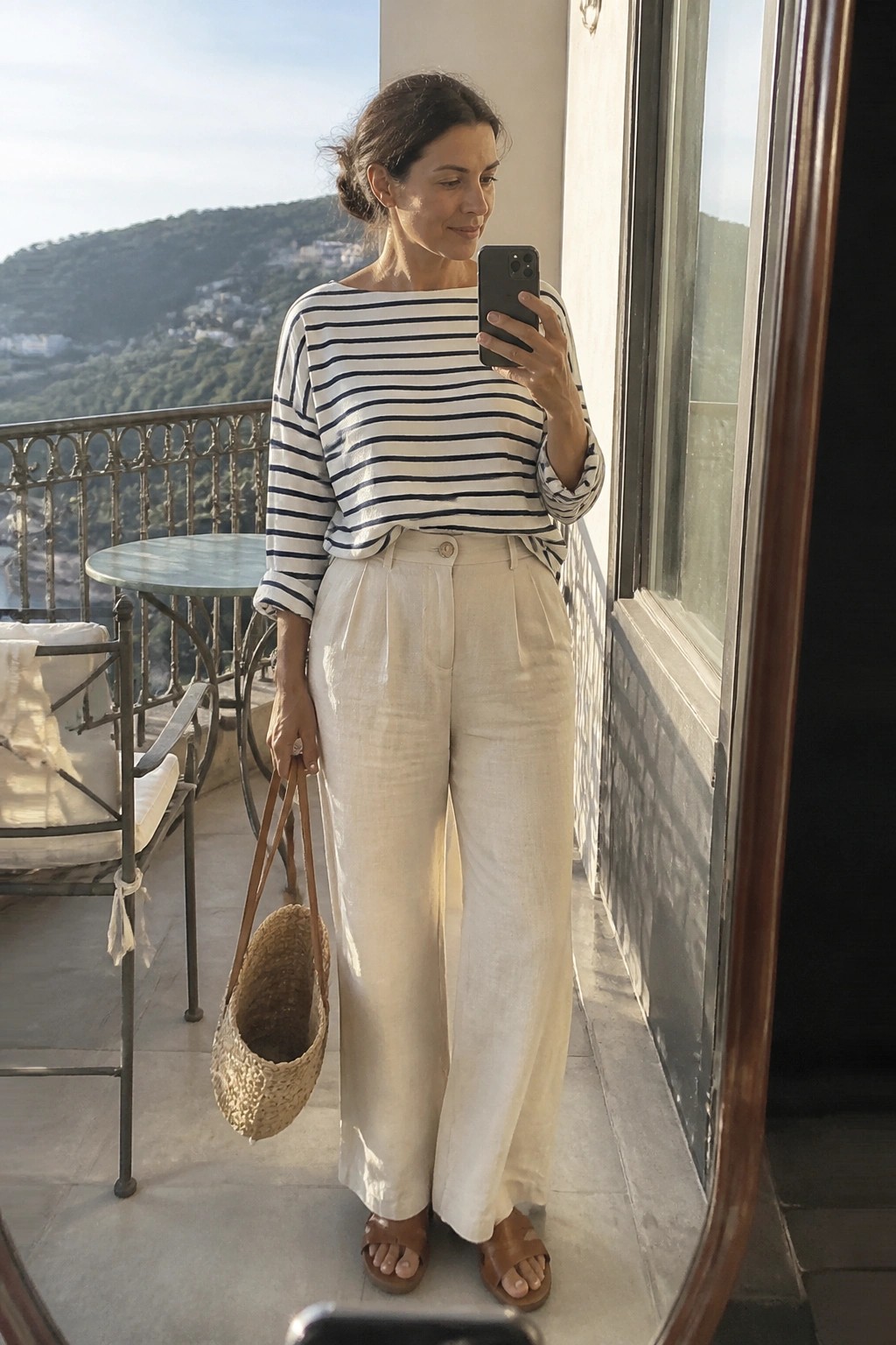 Woman wearing a navy and white striped boatneck top tucked slightly into white wide-leg linen pants with front pleats, paired with brown leather slide sandals and holding a woven straw tote bag.
