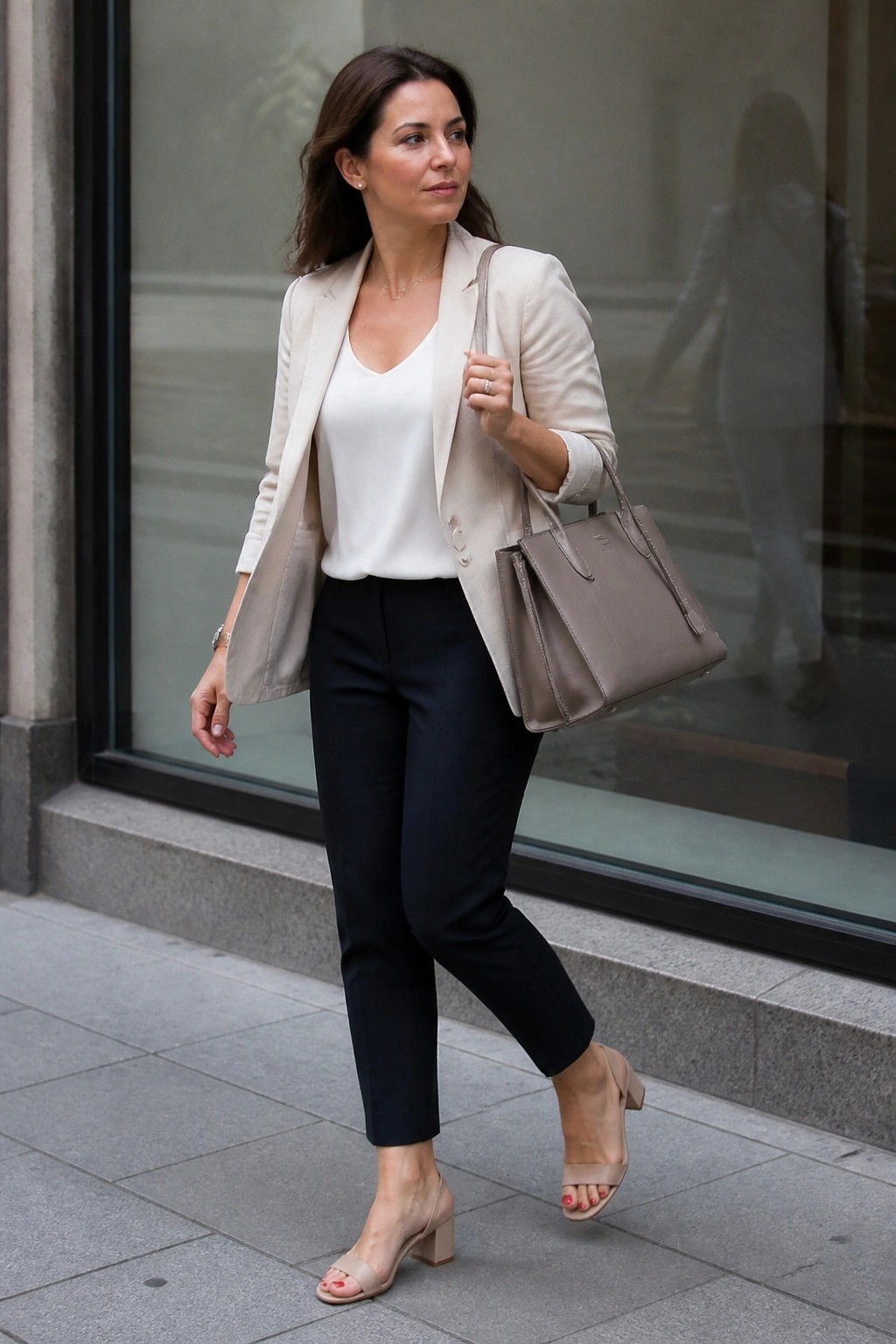 Woman in beige blazer over white top with black trousers, taupe handbag, and beige block heel sandals walking on pavement.
