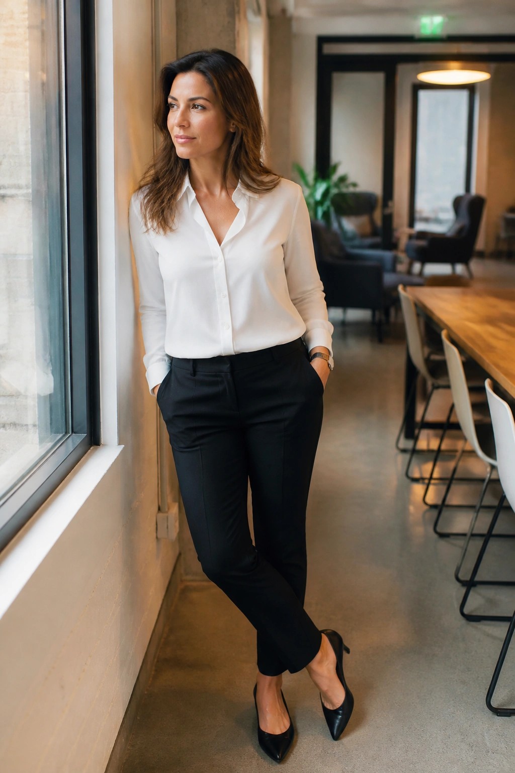 Woman wearing a white long sleeve button down shirt tucked into slim black trousers with black pointed toe heels standing in an office setting.
