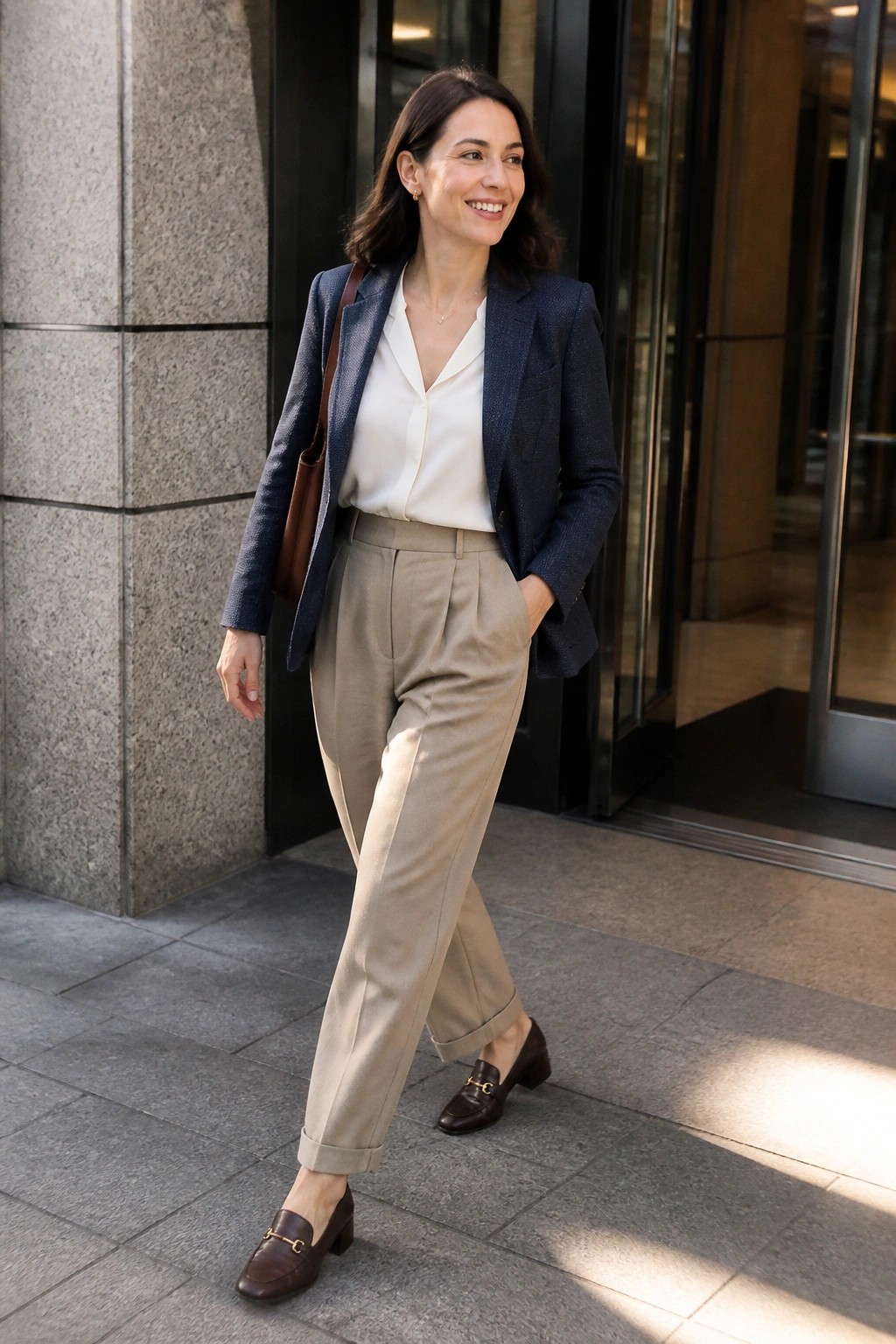 Smiling woman in navy blazer, white blouse, beige trousers, and brown loafers