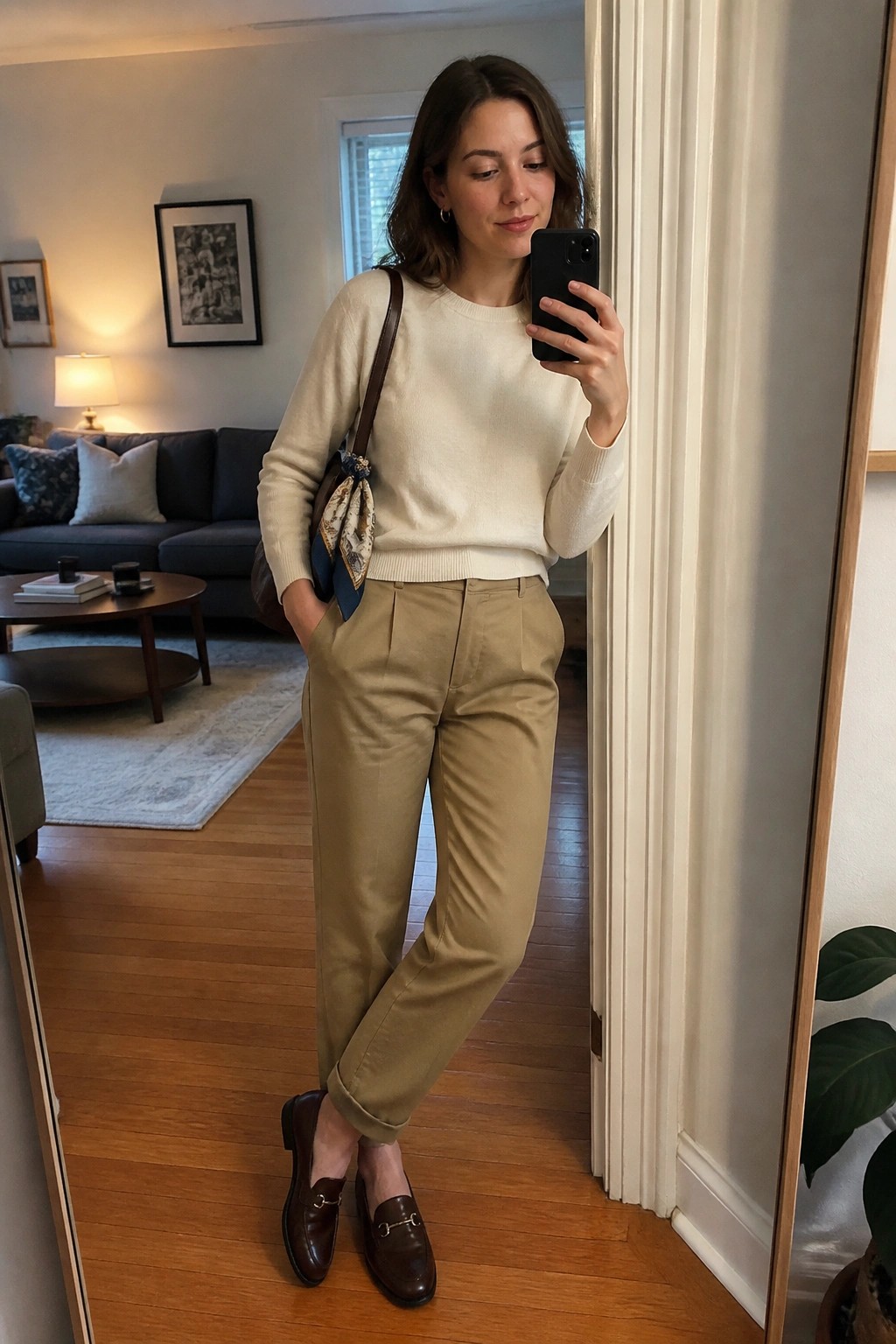 Woman in a cream knit sweater tucked slightly into pleated khaki trousers, paired with brown leather loafers and a brown bag accented by a patterned scarf on the strap, standing in a mirror selfie.