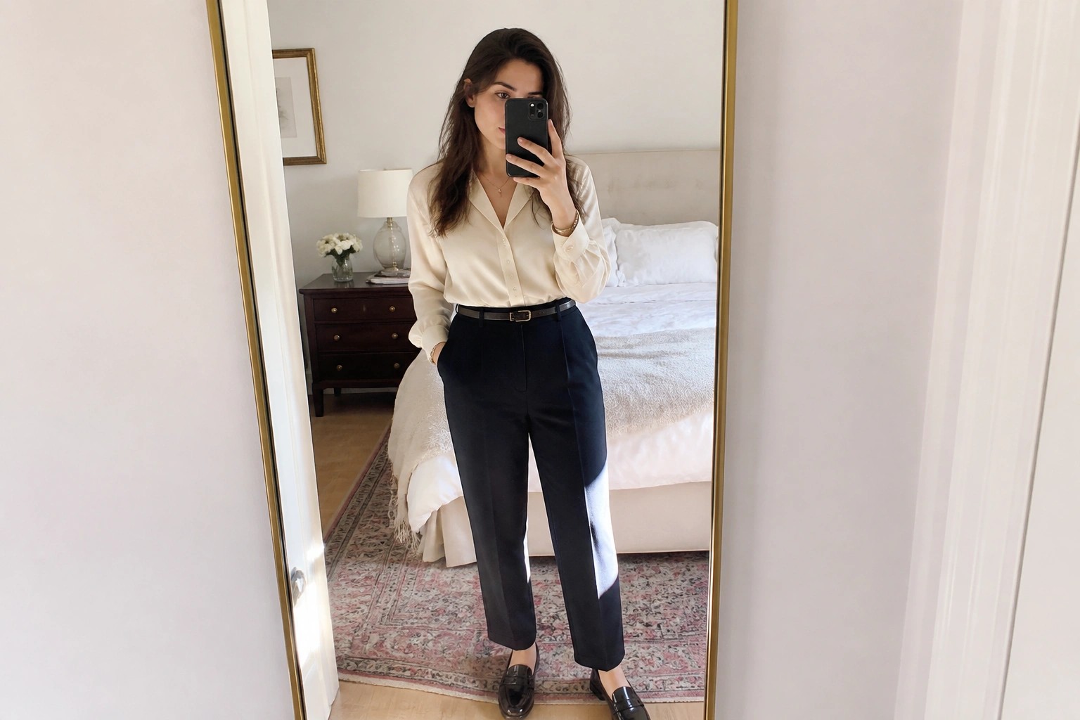 Woman in cream blouse and navy trousers taking bedroom mirror selfie