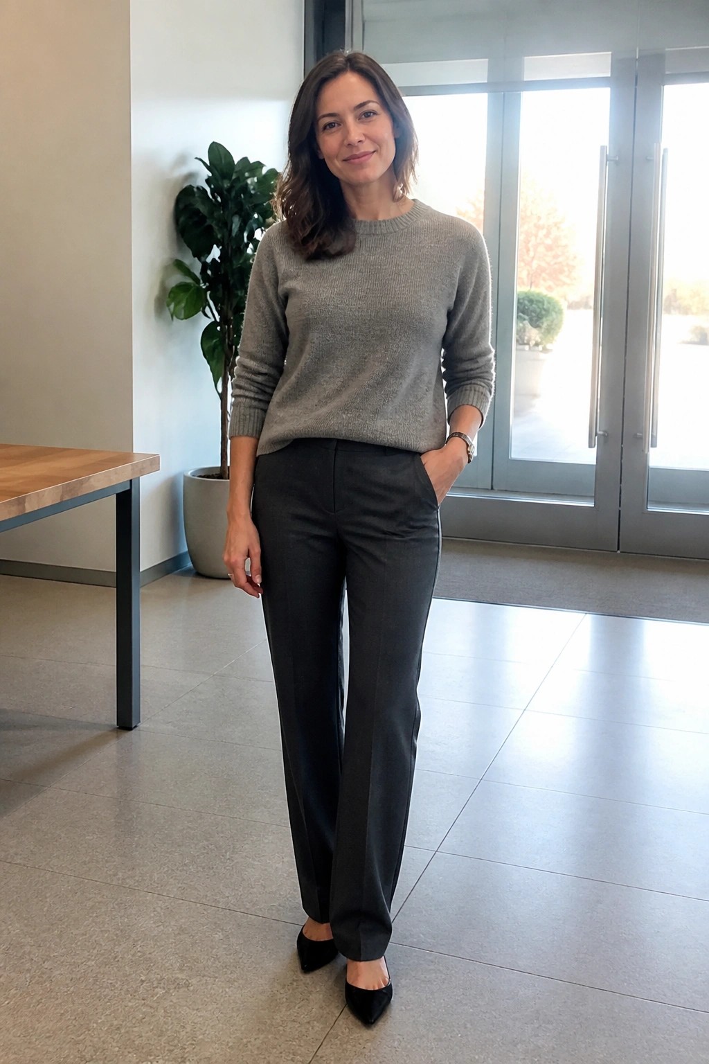 Woman in gray sweater and black pants stands in modern office lobby with glass doors
