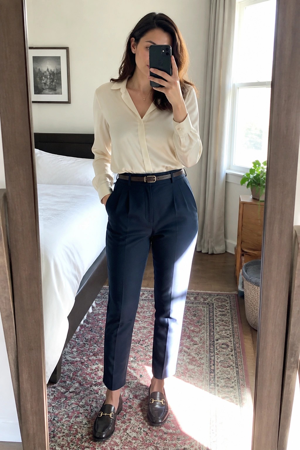 Woman in cream blouse and navy trousers taking bedroom mirror selfie