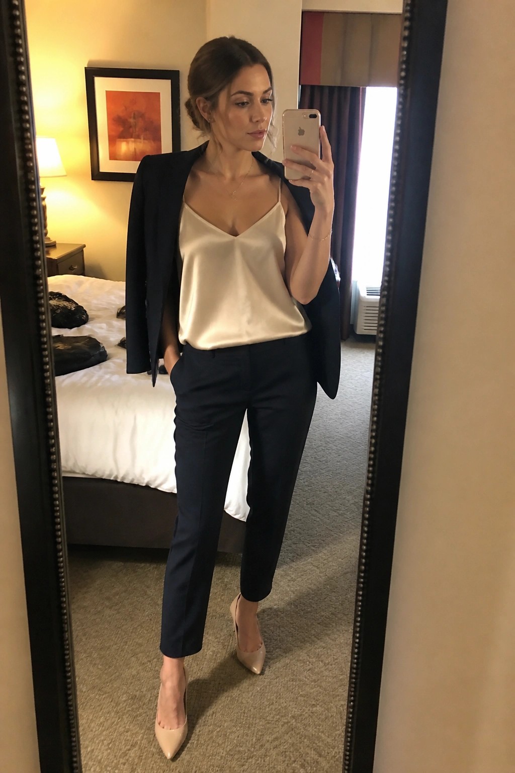 Woman in navy blazer, cream camisole, and trousers taking mirror selfie in hotel room.
