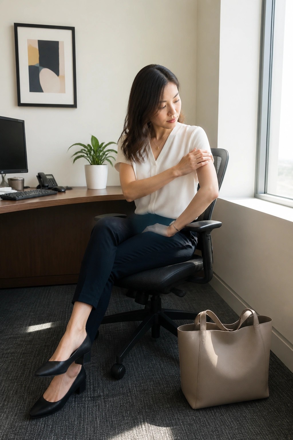 Woman in white blouse and navy pants holding arm in office chair
