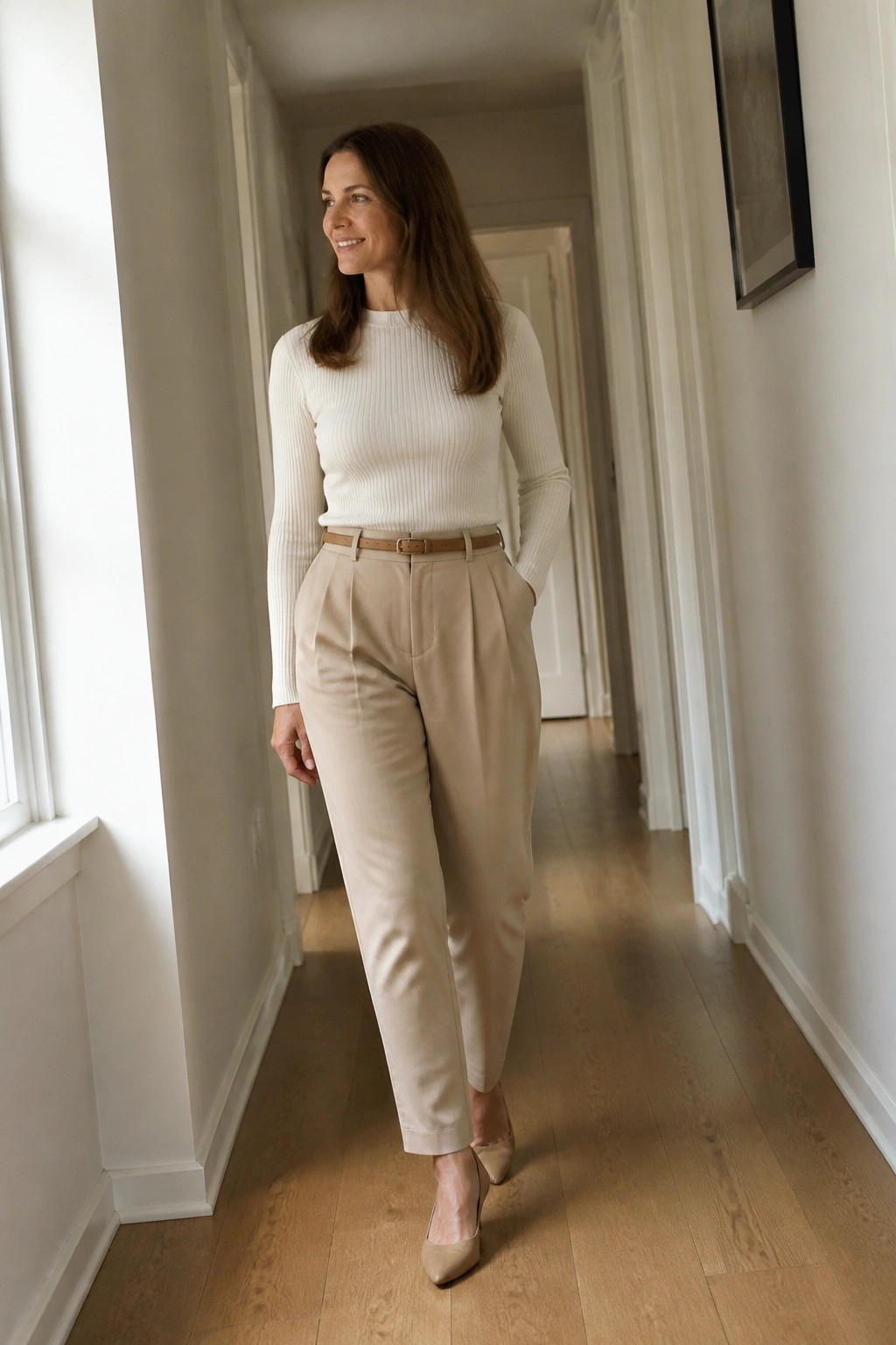 Woman in a cream ribbed knit sweater tucked into beige pleated trousers with a brown belt and matching pointed heels standing in a hallway with one hand in her pocket