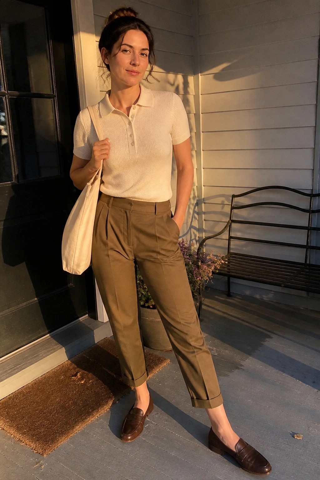 Woman in a cream short sleeve polo knit tucked into olive tailored trousers with cuffs, paired with brown leather loafers and a cream canvas tote.