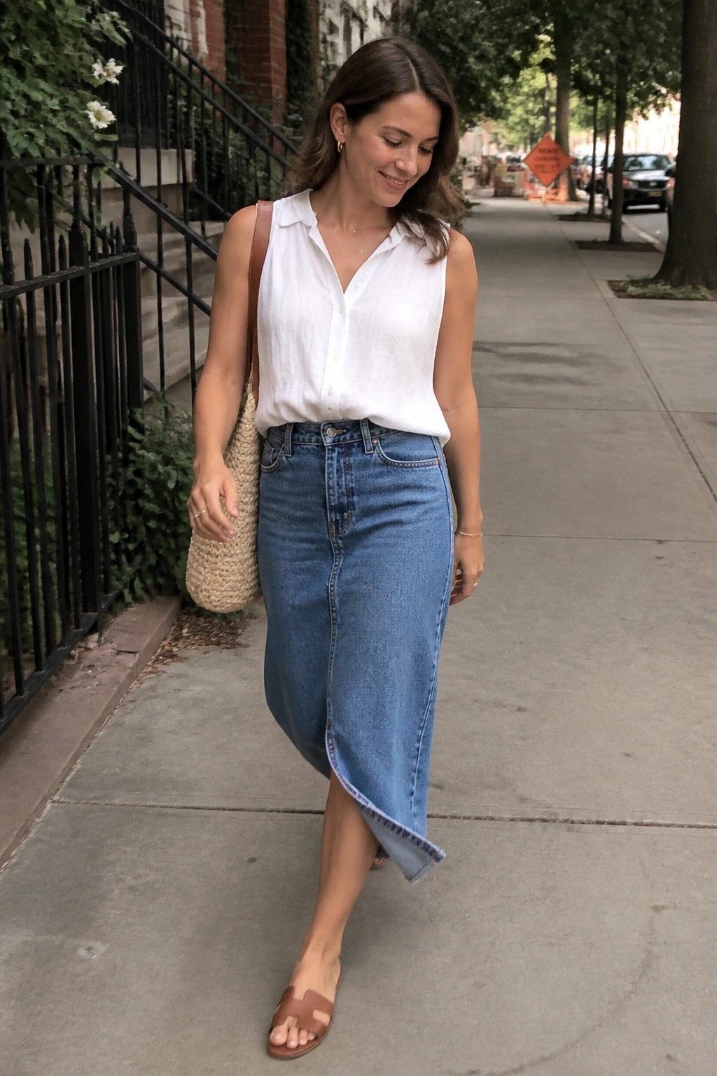 Woman in white sleeveless blouse and blue denim skirt on city sidewalk with woven bag.