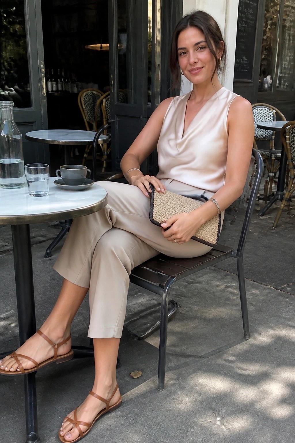 Woman in beige satin top and trousers at outdoor cafe holding woven clutch