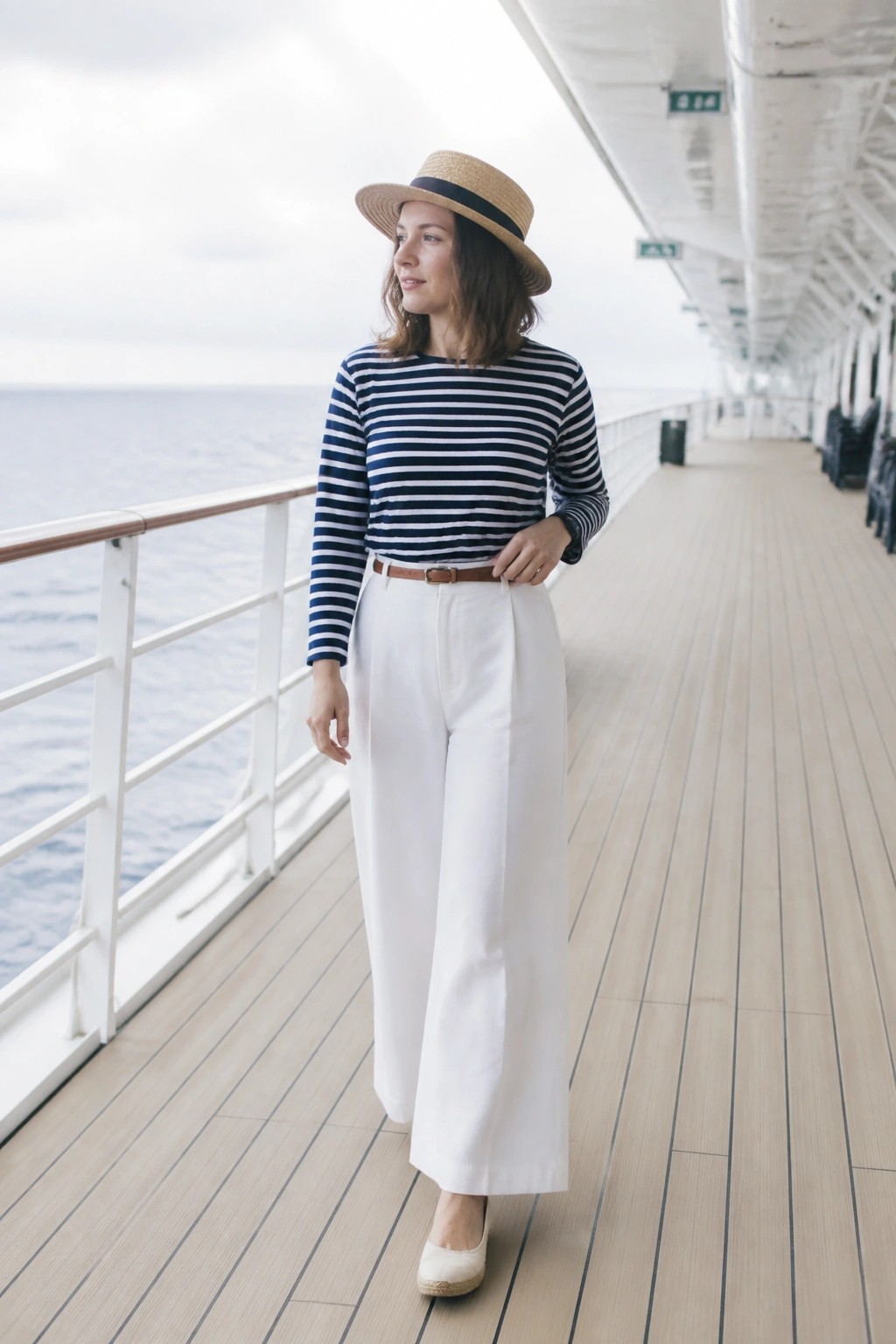 Woman in striped shirt, white pants and straw hat on ship deck