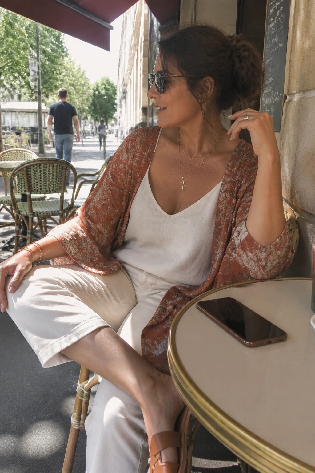 Woman seated at outdoor table wearing white V-neck camisole, white wide-leg cropped pants, rust patterned open kimono jacket, layered gold necklaces, bracelets, and brown leather sandals.