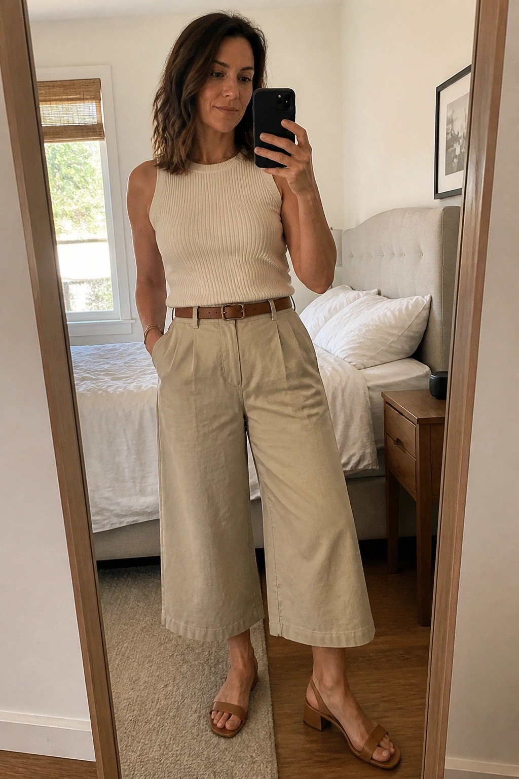 Woman wearing a cream ribbed sleeveless top tucked into beige wide-leg cropped pants with a brown belt and brown heeled sandals, taking a mirror selfie in a bedroom.