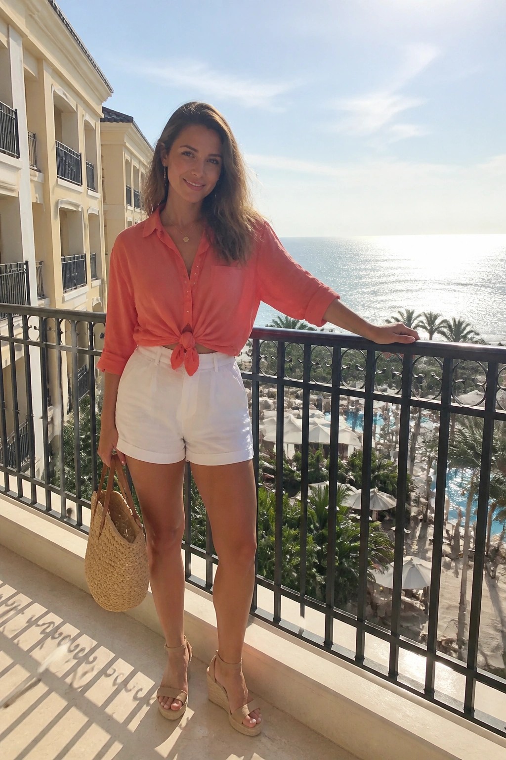 Woman in coral knotted shirt and white shorts holding straw bag on ocean balcony.