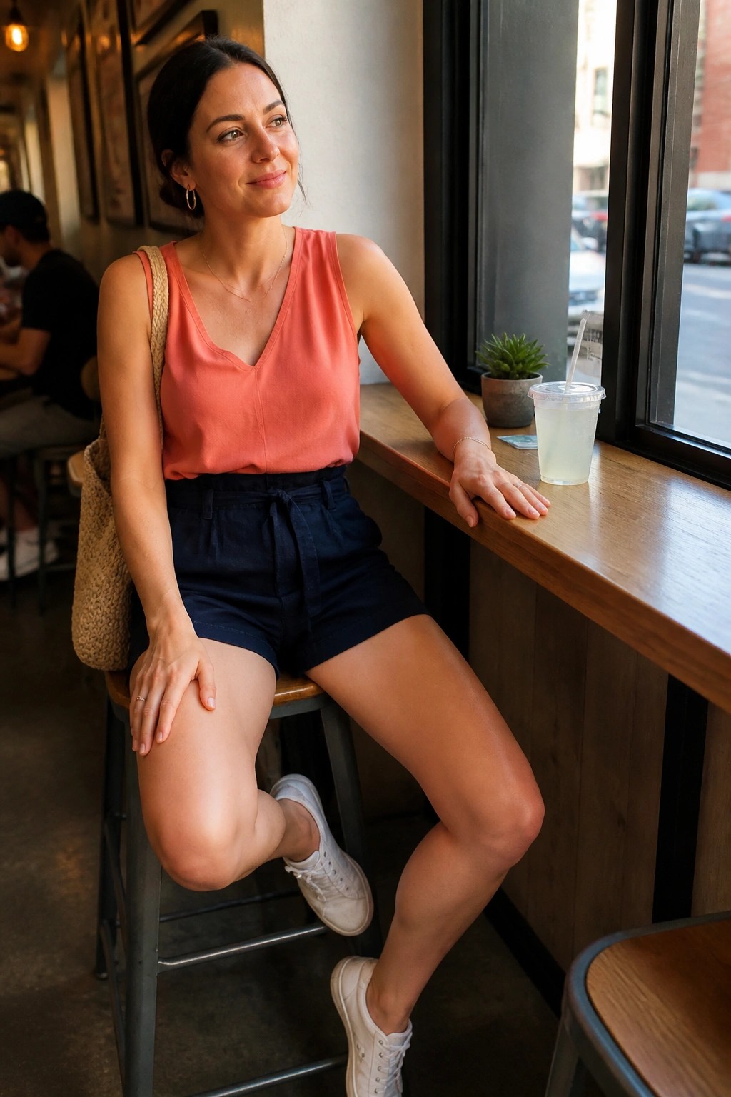 Woman in coral top and navy shorts seated at wooden cafe window counter
