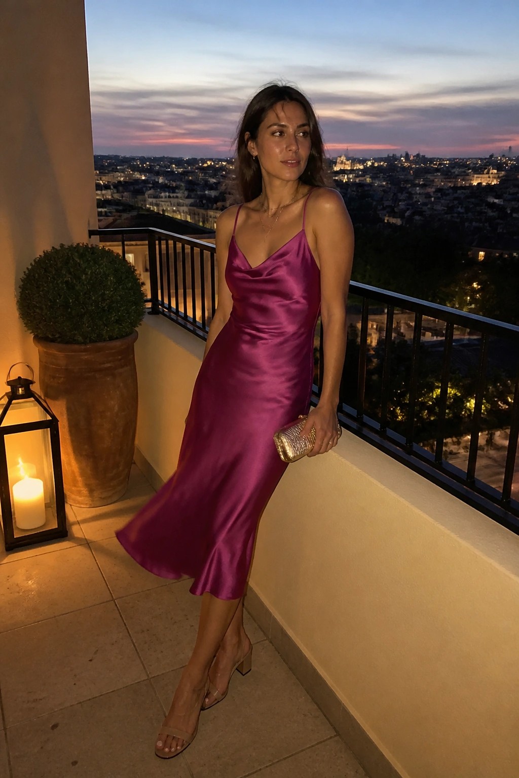 Woman in magenta satin slip dress on balcony overlooking city at dusk