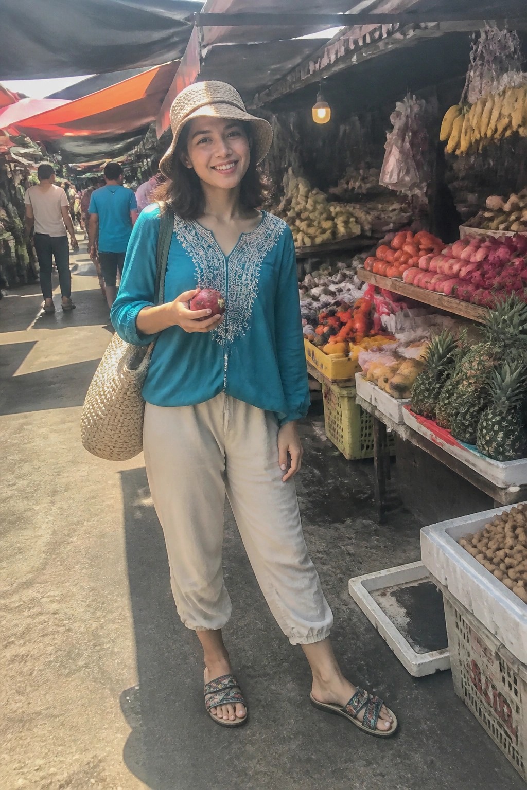 Woman wearing a teal long sleeve blouse with white embroidery detail, loose beige pants, patterned slide sandals, and carrying a woven straw bag while holding a piece of fruit.