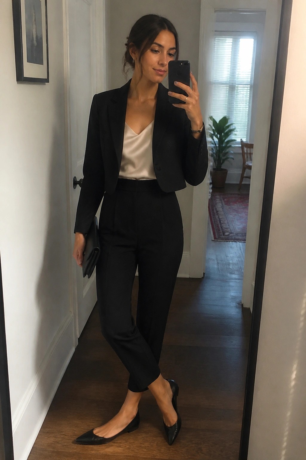 Woman in black blazer and trousers taking mirror selfie in hallway
