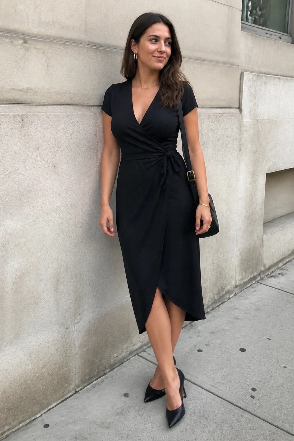Woman wearing a black short sleeve wrap midi dress with side tie knot, pointed black heels, and black shoulder bag standing against a stone wall.