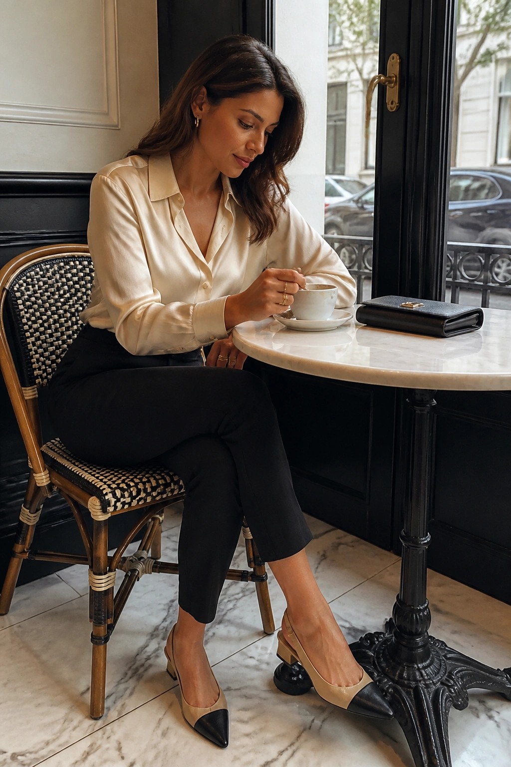 Woman in cream blouse sipping coffee at marble cafe table with black purse
