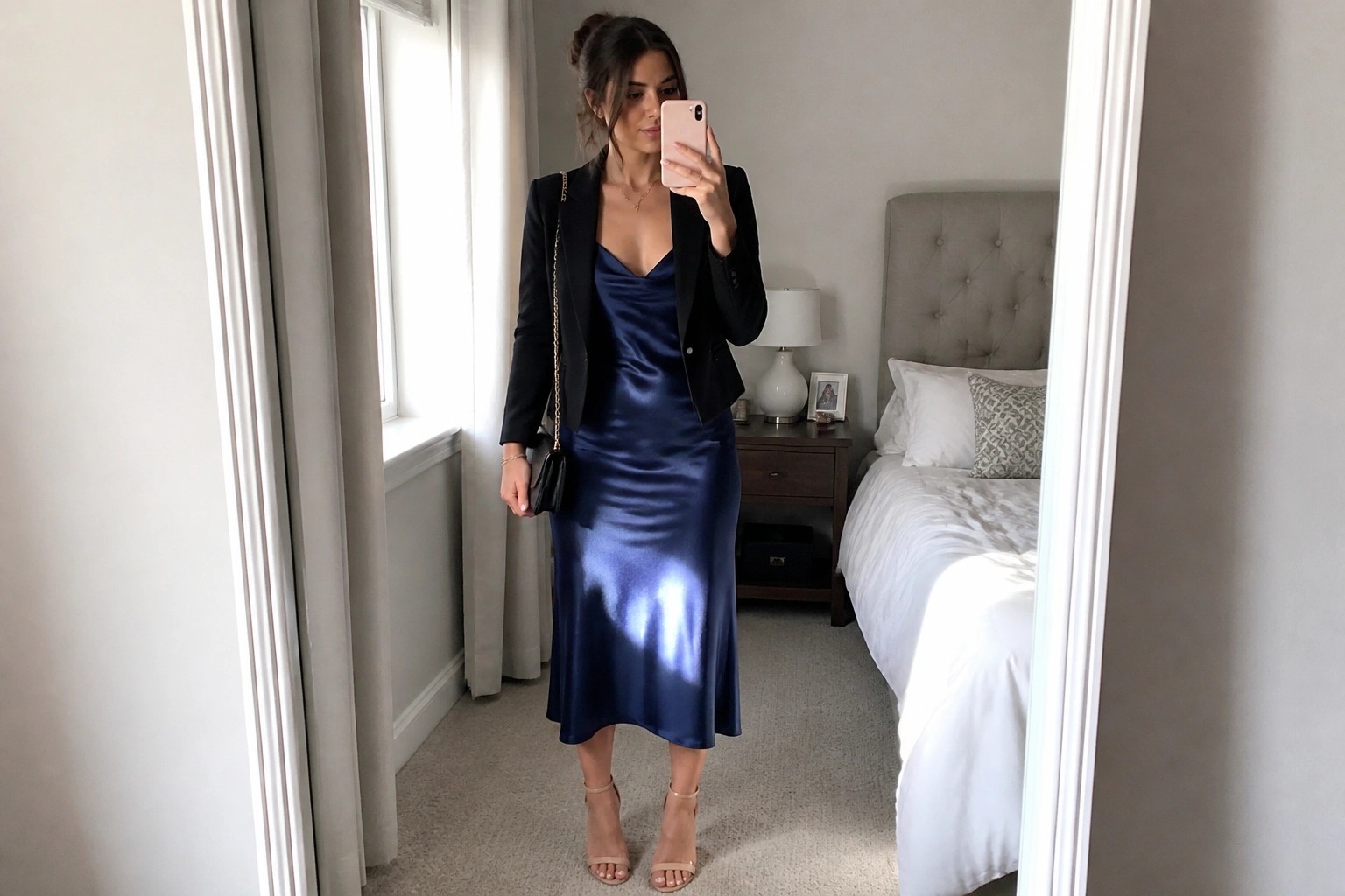 Woman in mirror selfie wearing navy blue satin midi slip dress under cropped black blazer, with nude strappy heels and small black handbag on gold chain strap.
