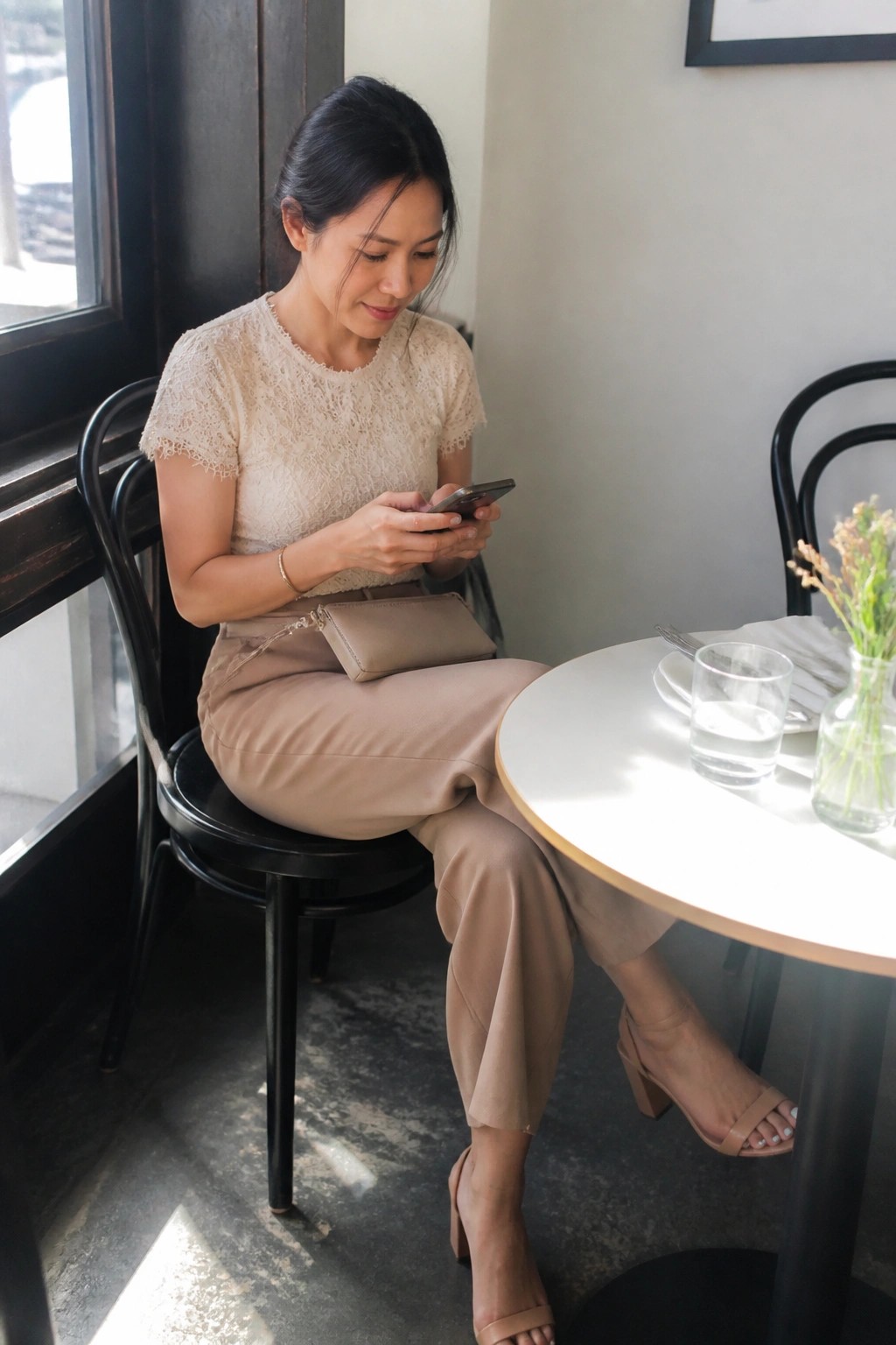 Woman in beige lace top views smartphone at cafe table with water glass