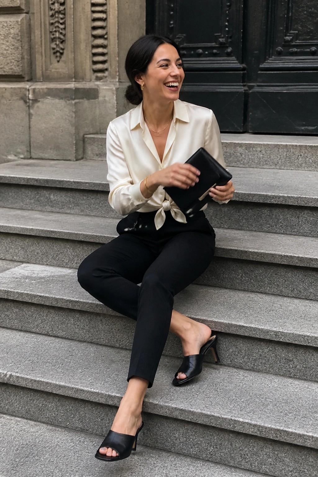 Woman in cream satin blouse and black pants on stone steps holding clutch