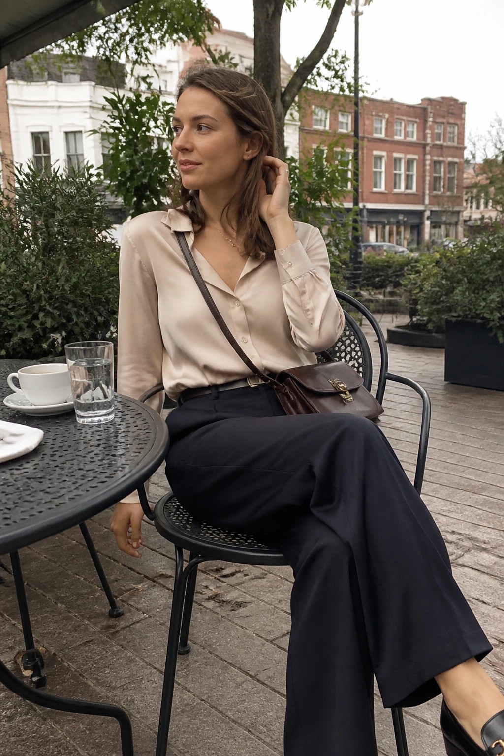 Woman in beige satin blouse and navy trousers at outdoor cafe table