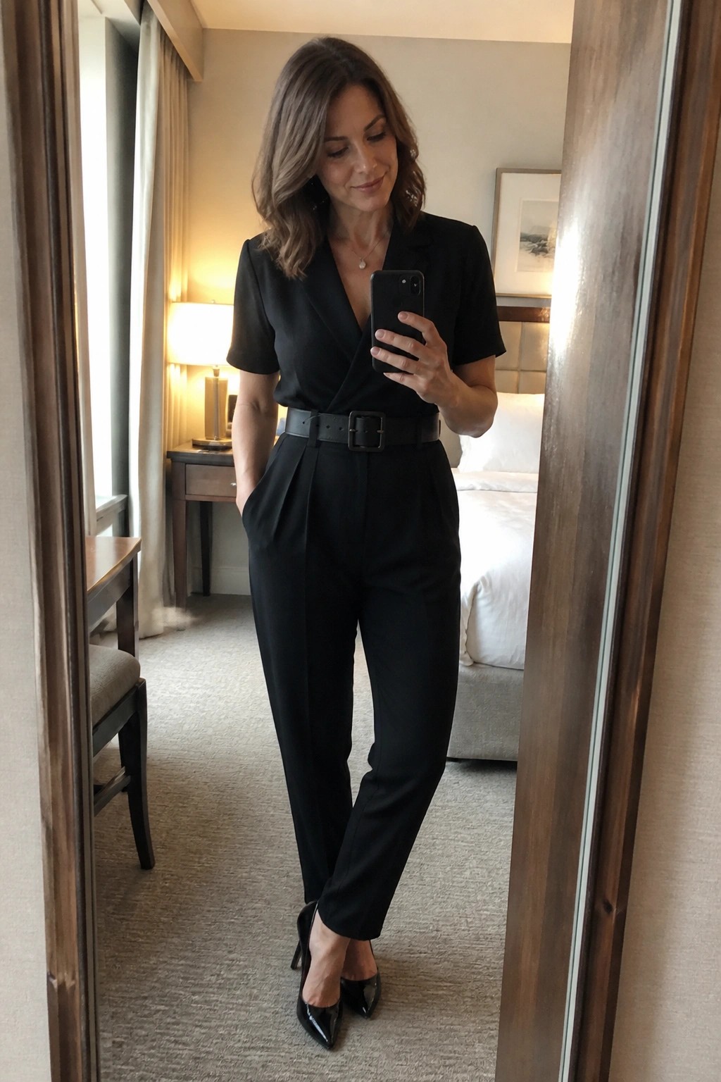 Woman in black belted jumpsuit taking mirror selfie in hotel room with bed.