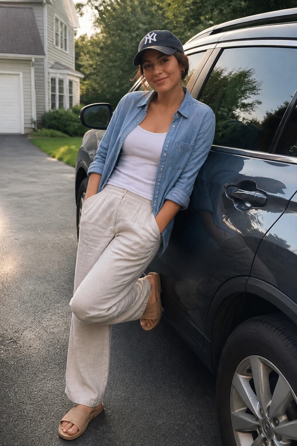 Woman in Yankees cap, denim shirt, and linen pants leaning on dark SUV.