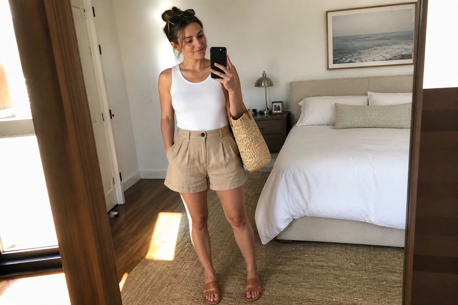 Woman in white ribbed tank top and beige shorts holding a straw tote while wearing brown sandals and taking a mirror selfie.