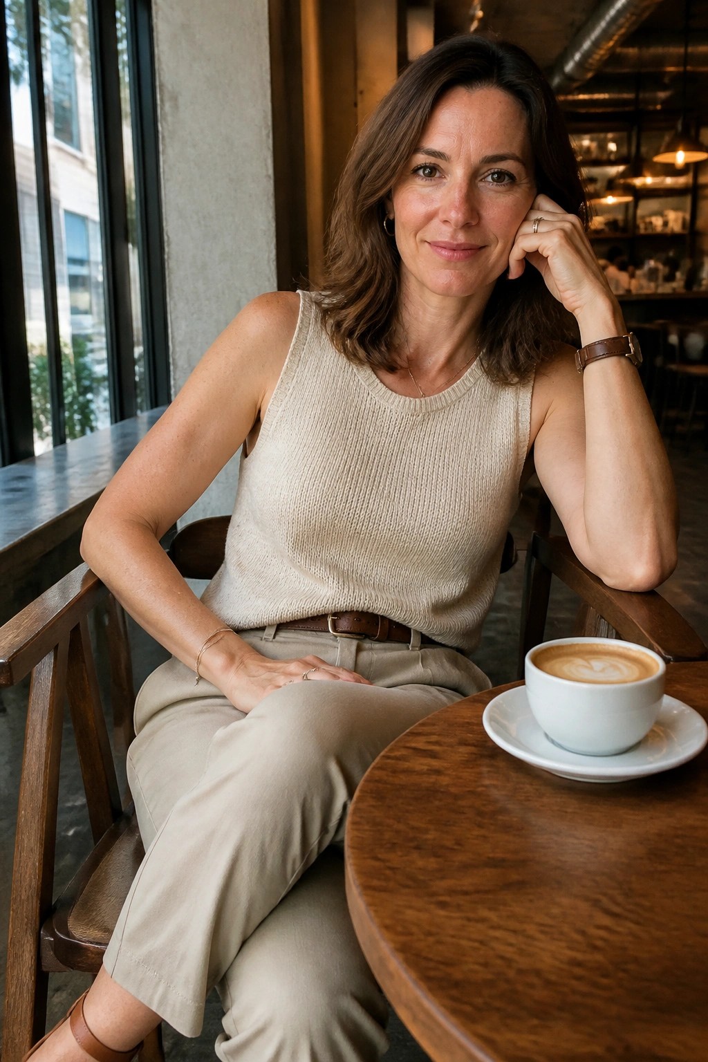 Woman wearing a sleeveless beige knit tank top tucked into wide-leg beige trousers with a brown leather belt, brown leather sandals, layered bracelets, a watch, and delicate necklaces while seated at a wooden cafe table.