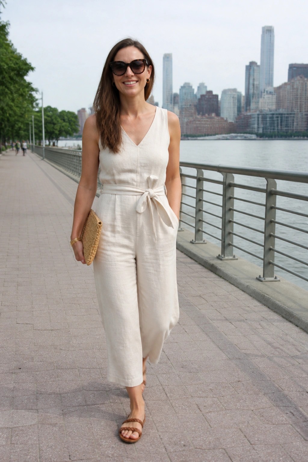 Woman in white linen jumpsuit walking by city waterfront with woven clutch
