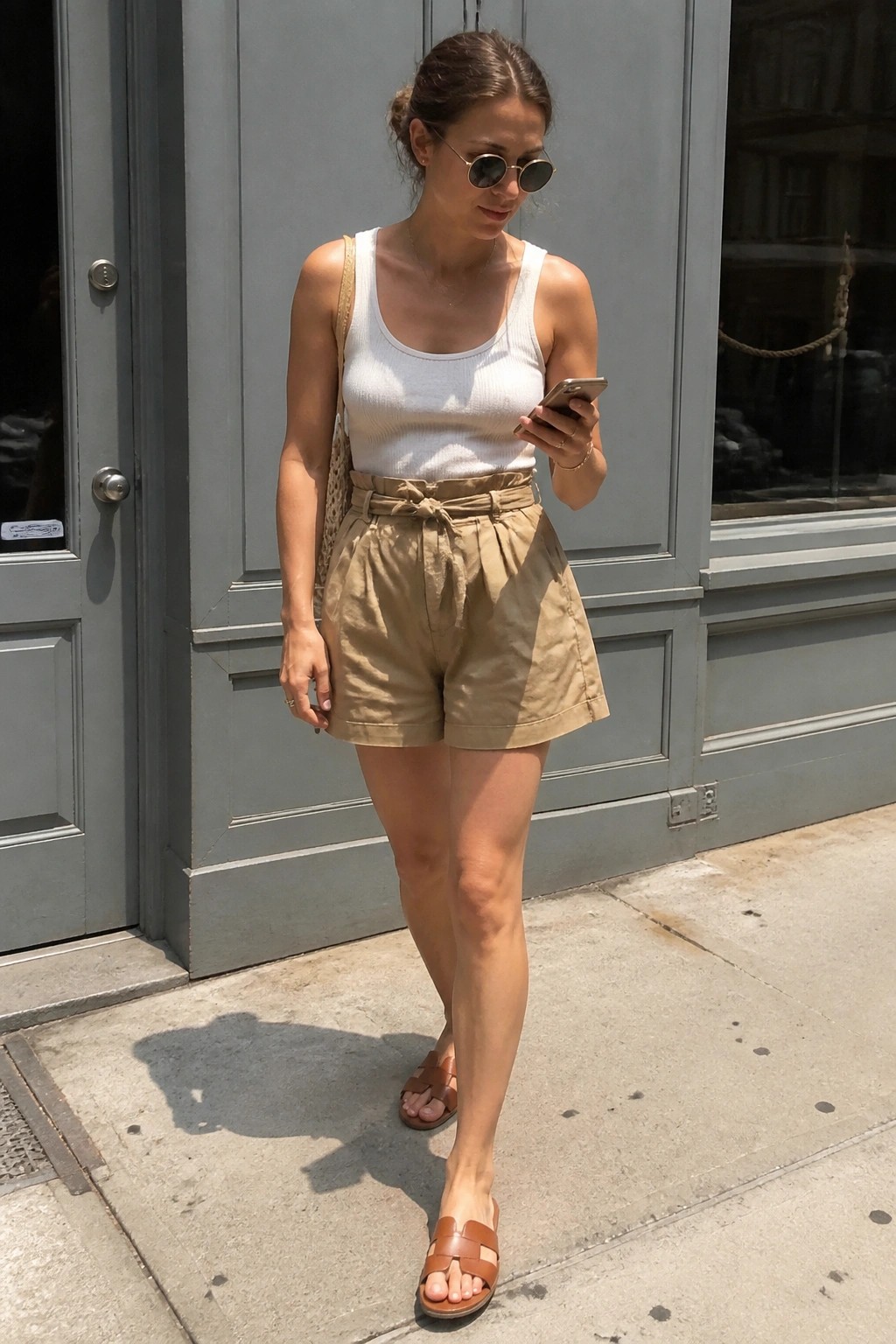 Woman in white tank top and khaki shorts checks smartphone on sunny sidewalk.