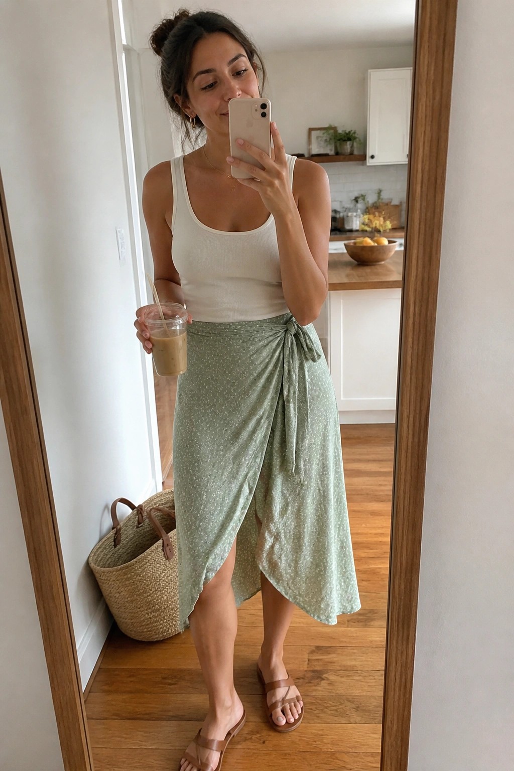 Woman in white tank top and green dotted wrap skirt taking mirror selfie with iced coffee