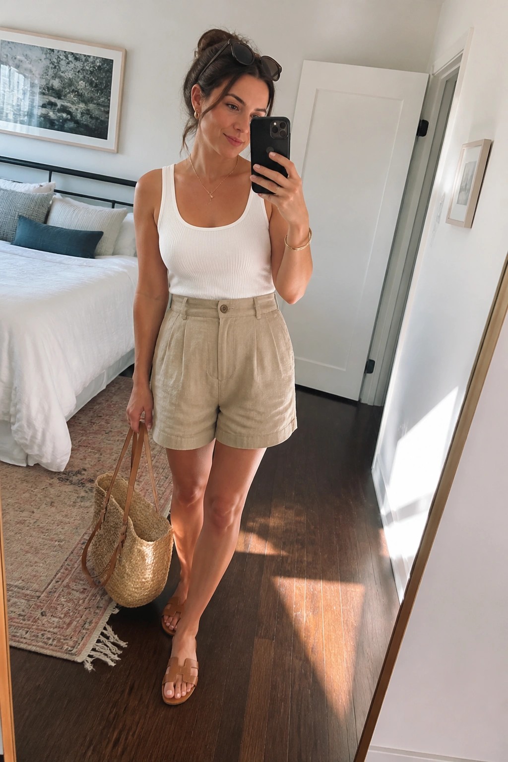 Woman in white ribbed tank top and beige shorts holding a straw tote while wearing brown sandals and taking a mirror selfie.