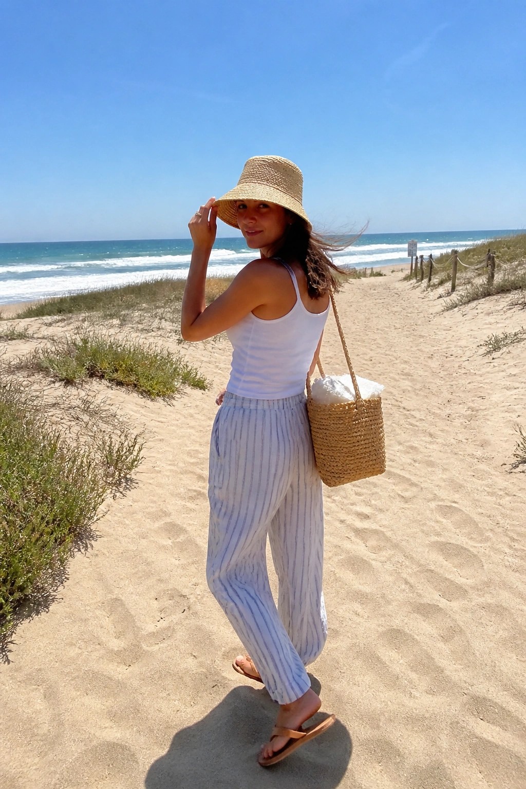 Woman in straw hat and striped pants holding woven bag on beach