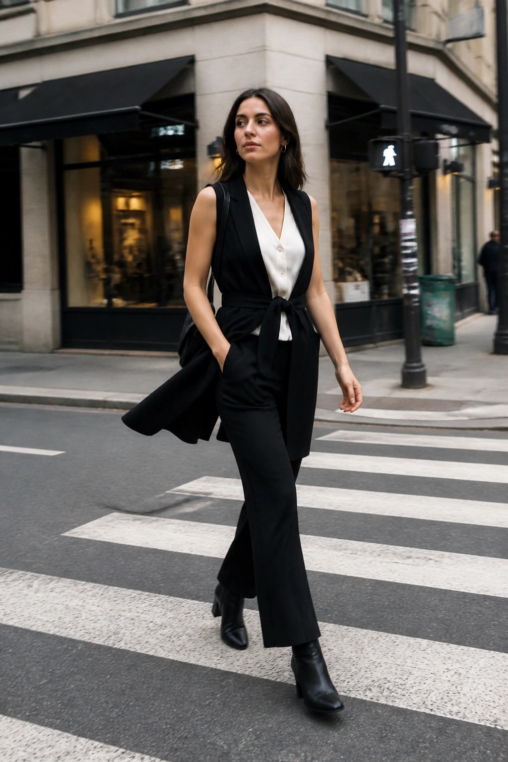 Woman in black vest and white blouse crossing city street crosswalk
