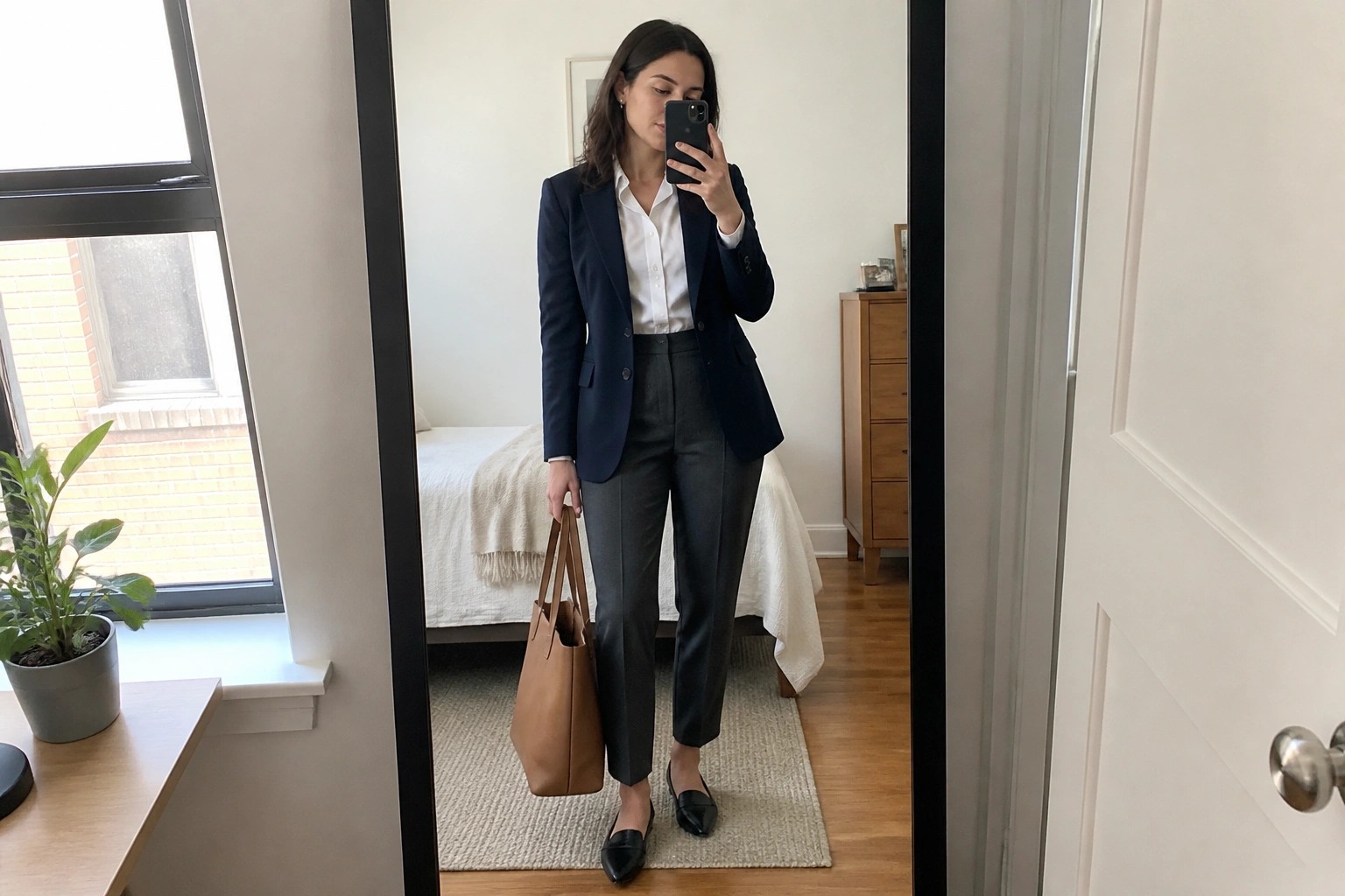 Woman wearing a navy blazer over a white button-up shirt with gray tailored trousers, black pointed loafers, and a brown leather tote bag in a mirror selfie.