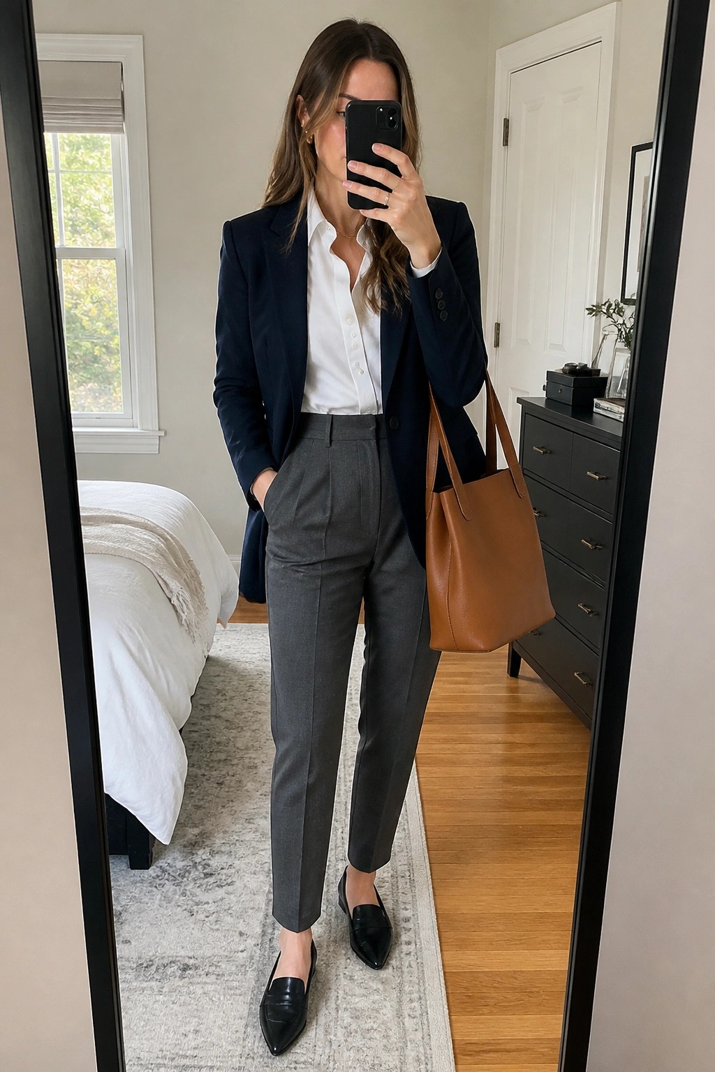 Woman wearing a navy blazer over a white button-up shirt with gray tailored trousers, black pointed loafers, and a brown leather tote bag in a mirror selfie.