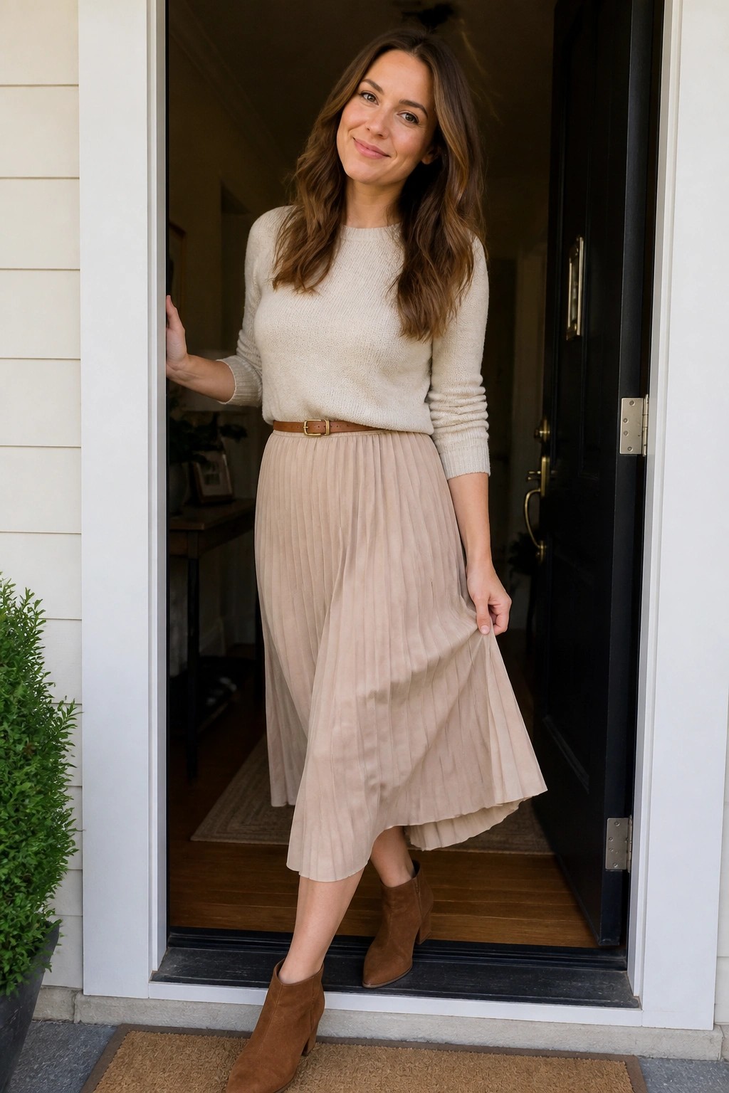 Woman wearing a cream knit sweater with a light beige pleated midi skirt, brown belt, and brown suede ankle boots, standing in a doorway.