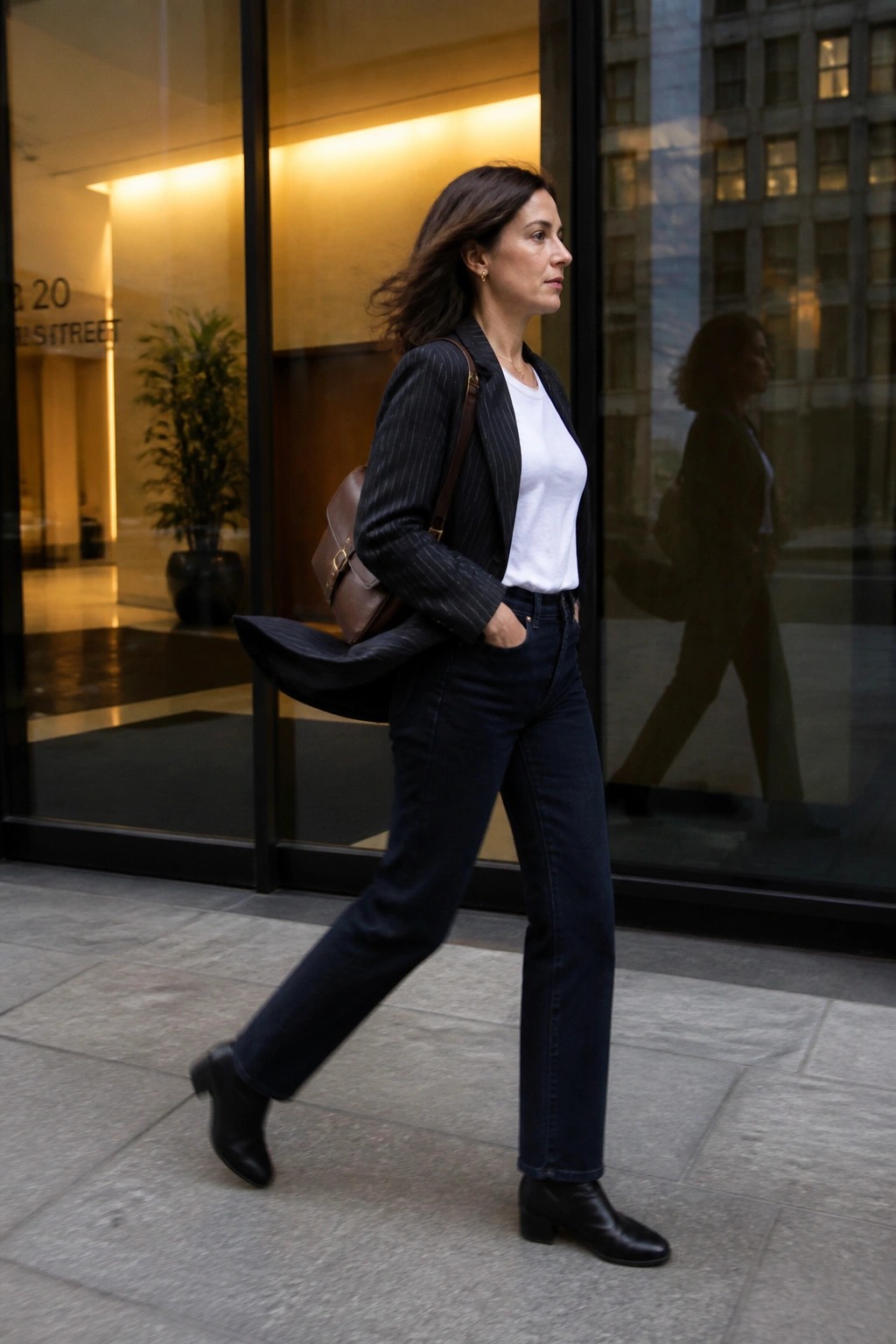 Woman in pinstripe blazer and jeans walking past glass building doors